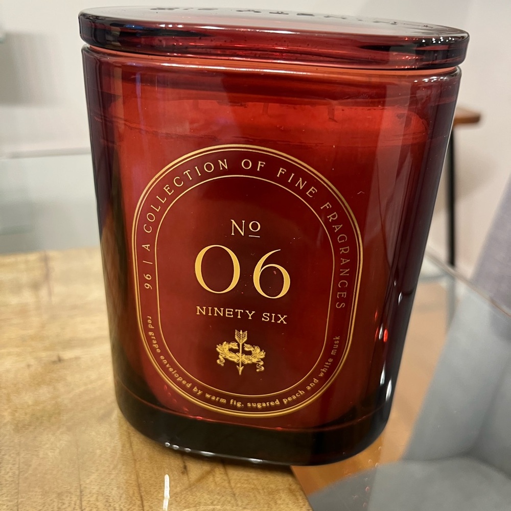 Ninety Deep Red Glass Jar Candle with Gold Oval Label